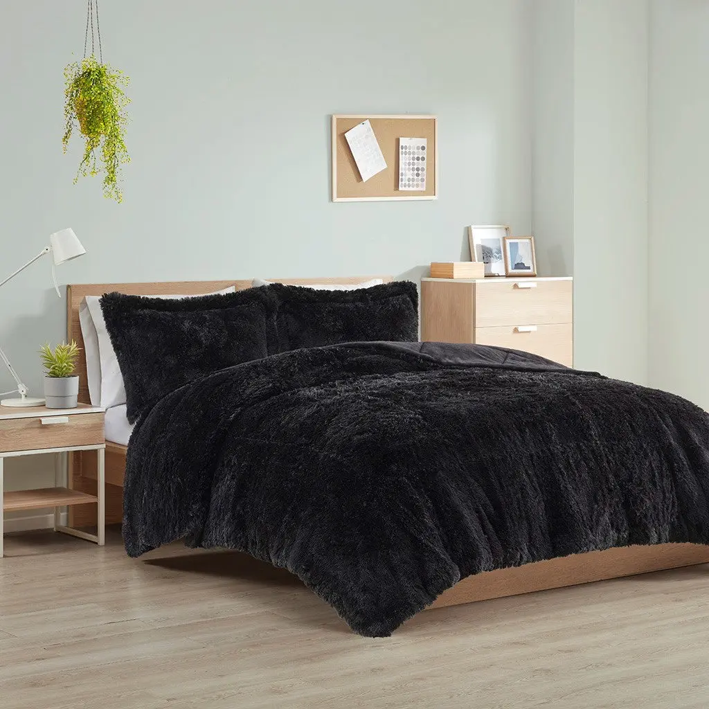 Shaggy Long Fur Comforter Mini Set Queen Size Black Polyester Cozy Bedding jla