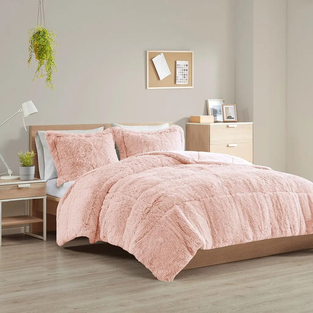 Shaggy Long Fur Comforter Mini Set Twin Size Blush Pink Polyester Bedding jla