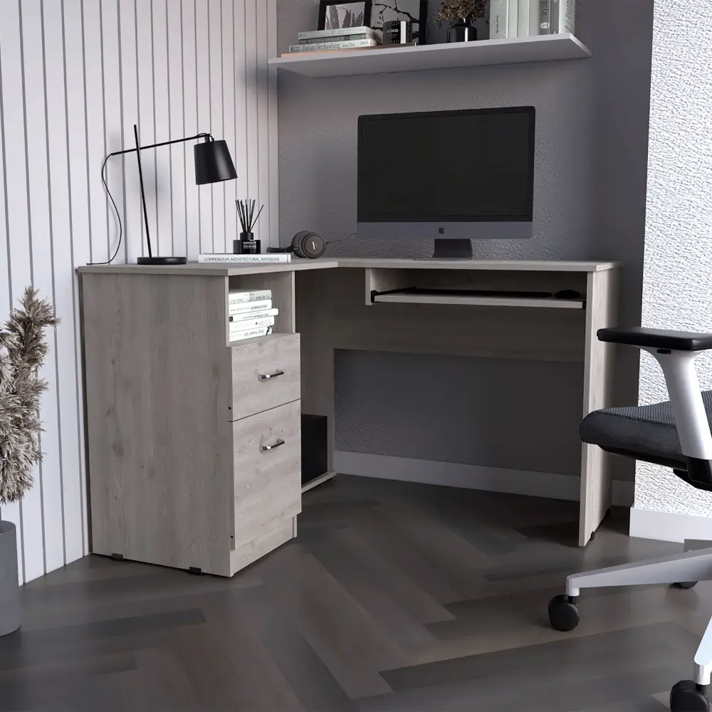 L Influenced Desk Keyboard Tray Two Drawers One Open Shelf Light Gray depot e-shop