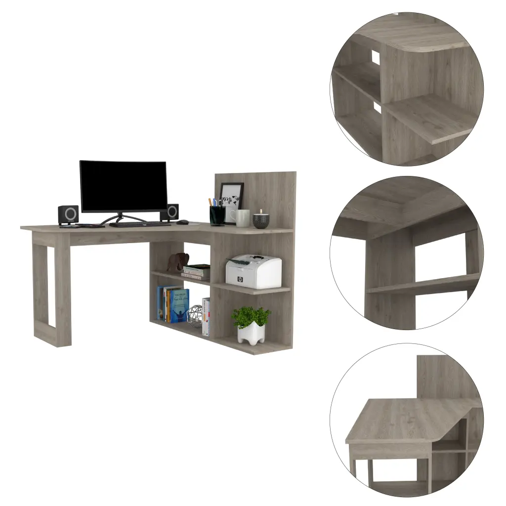 Fairfield 4 Shelf L Shaped Computer Desk Light Gray Particle Board furniture max