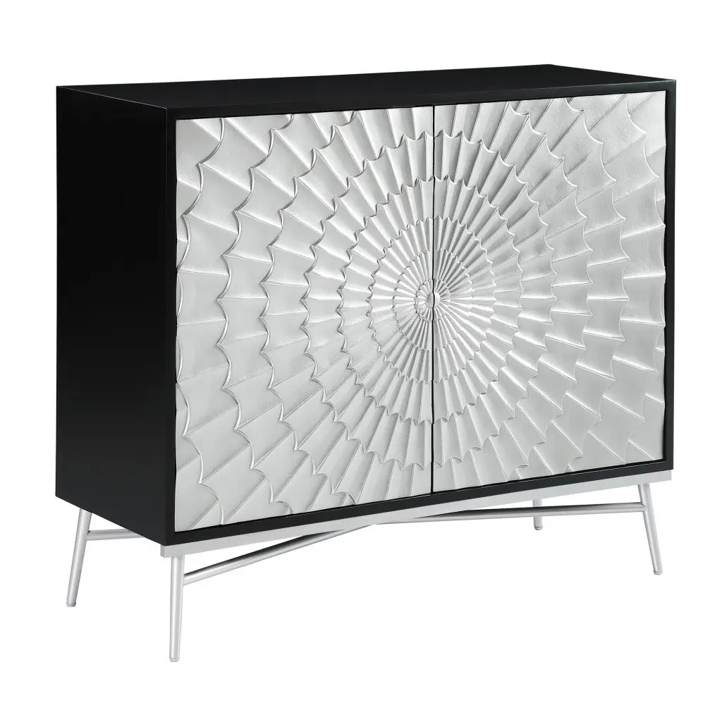 44 Inch 2 Door Accent Cabinet Console Steel Legs Silver Medallion Entryway Storage royal hampton
