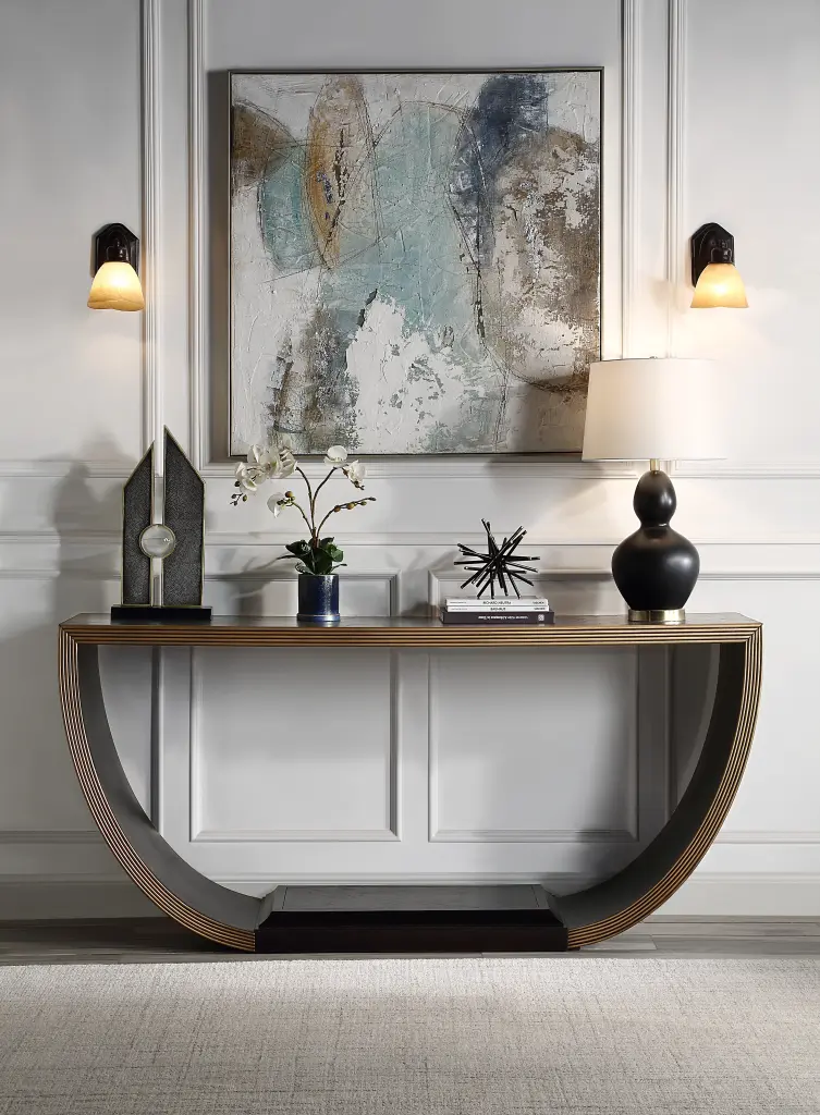 Maceo Console Table Black Timber Precious Metal Finish Modern Entryway Table acme onsite store
