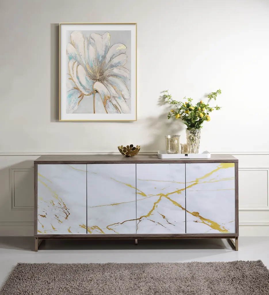 Paavan Console Cabinet White Stone Paint Oak and Champagne Finish acme onsite store