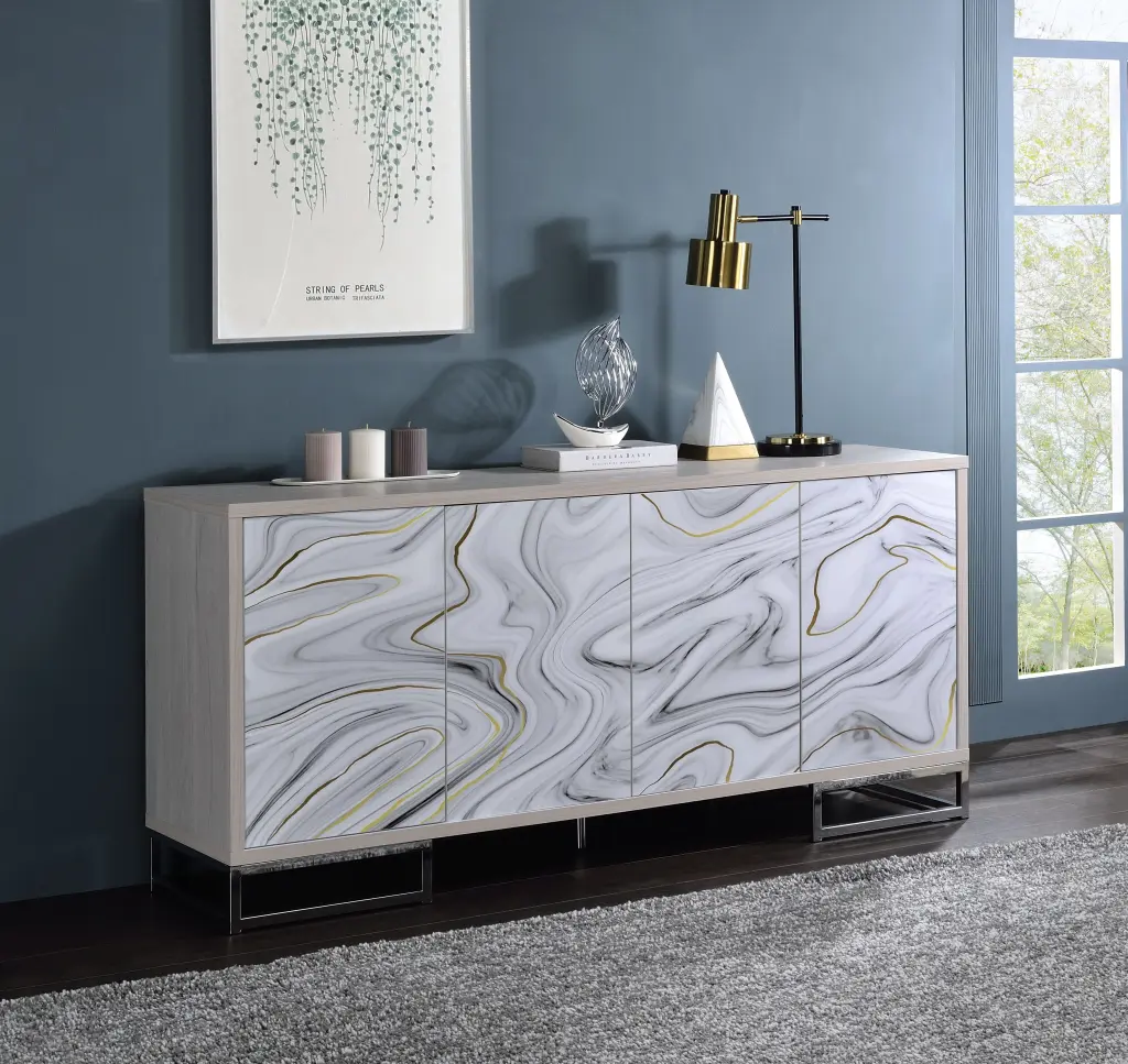 Panos Console Cabinet White Stone Paint and Chrome Finish acme onsite store