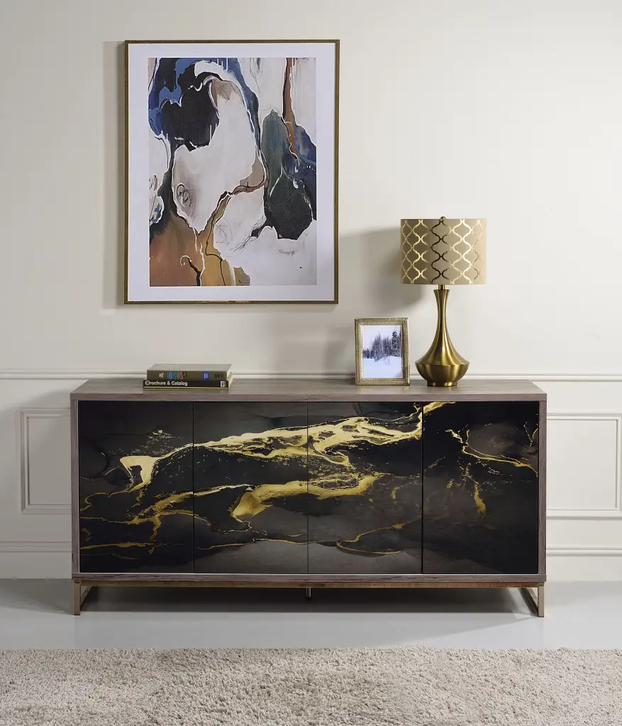 Payo Console Cabinet Black Marble Paint and Oak Finish Entryway acme onsite store
