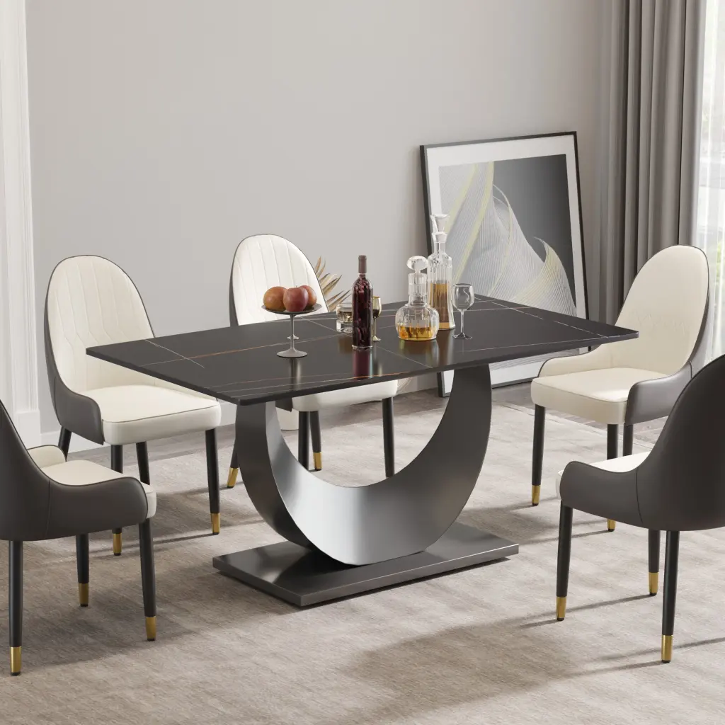 63 Inch Modern Artificial Marble Black Crescent Shaped Table Metallic Legs atunus