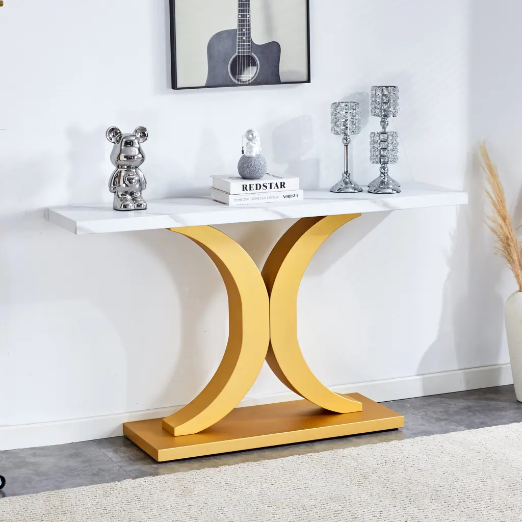 Modern Minimalist Style Foyer Table White Tabletop Precious Metal Bracket droom w-1151