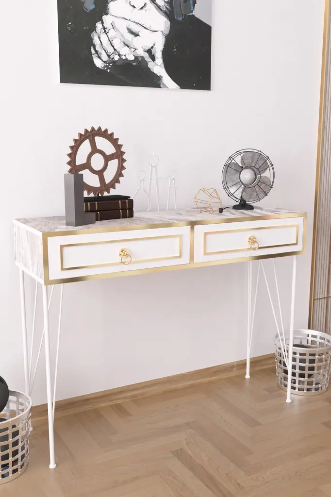 Ardeno White Timber Console Table Metallic Legs furnia