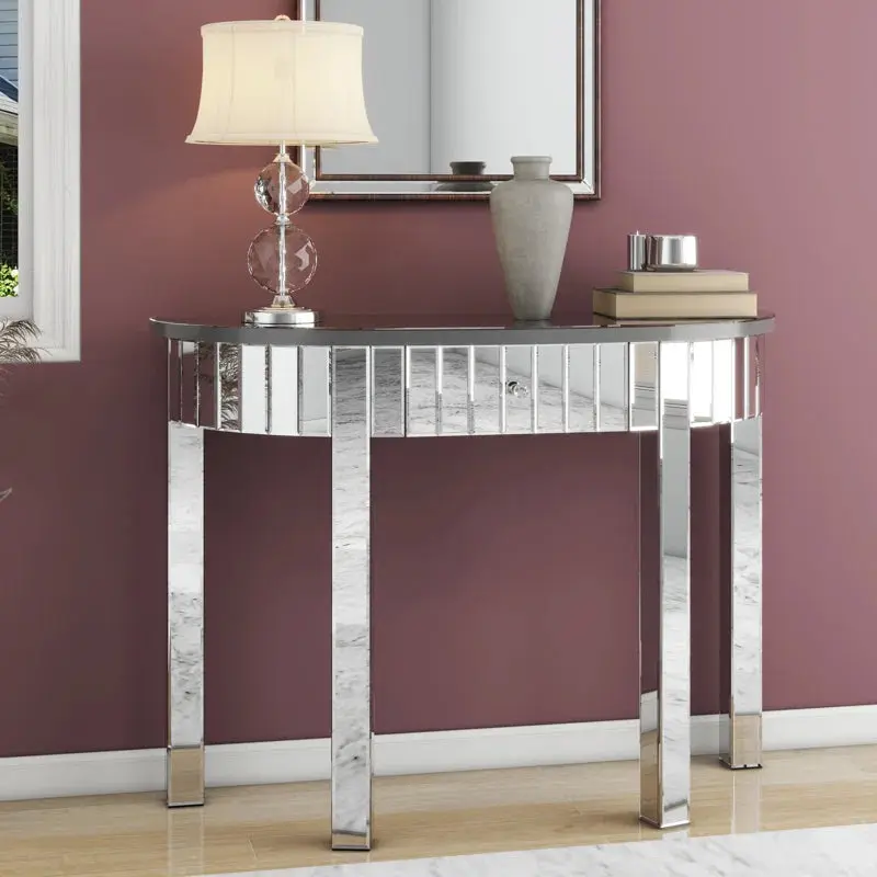 Mirrored Half Moon Console Table Drawer HD Glass Entryway Table glam furniture