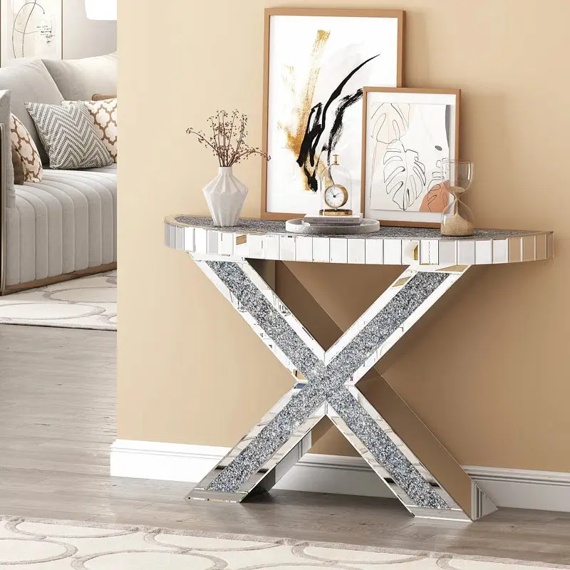 Modern Tall Console Table Diamond Crushed Glass Mirror glam furniture