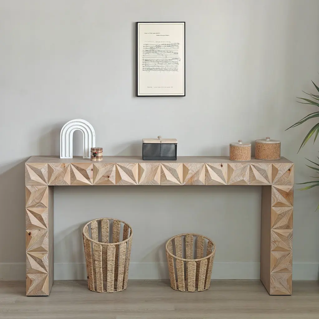 Modern Geometric Timber Console Table Natural Finish Handcrafted Design grandboard home