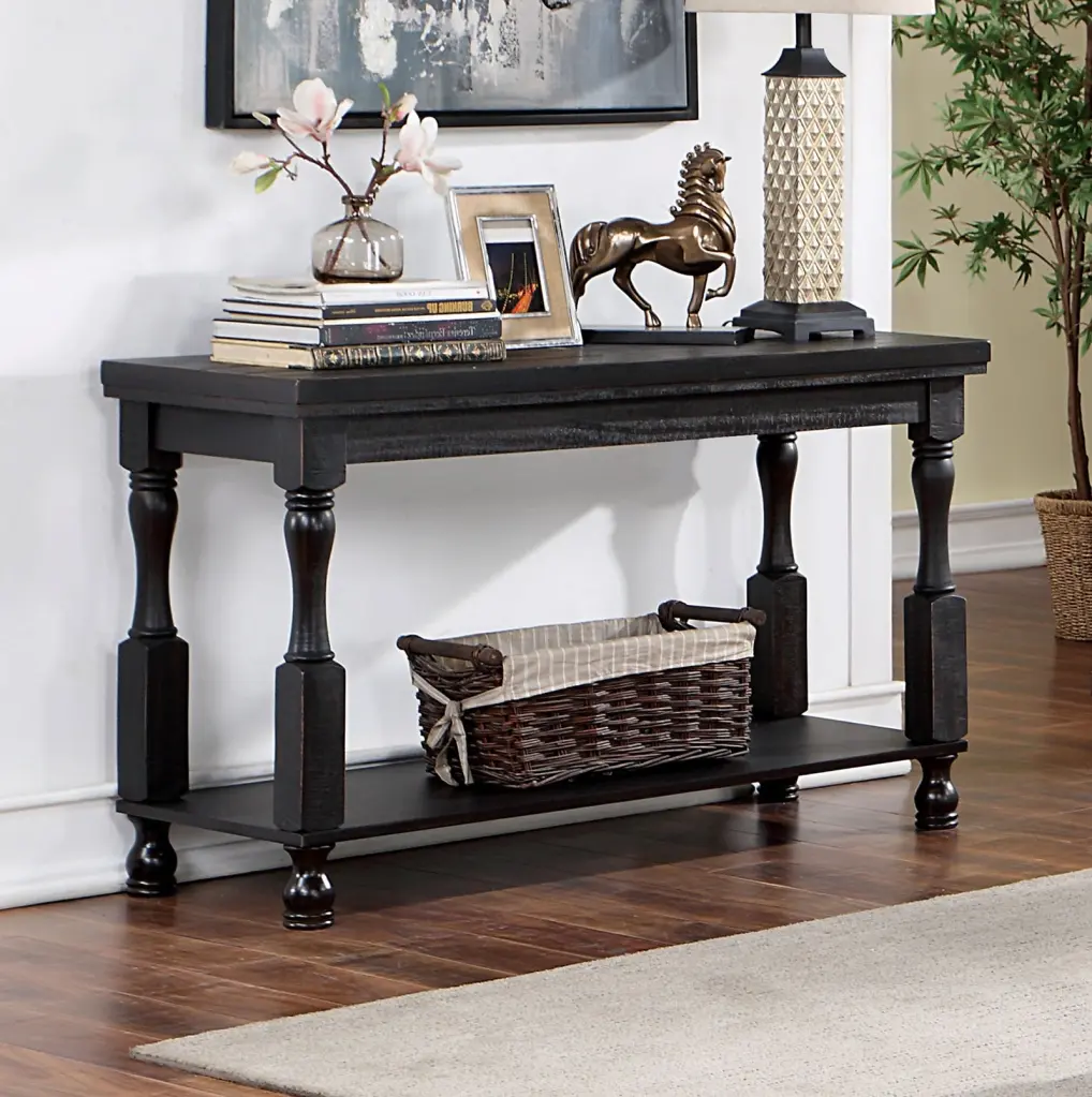 Rustic Style Antique Black 1Pc Sofa Table Open Bottom Shelf Plank Style Console Table kanepe