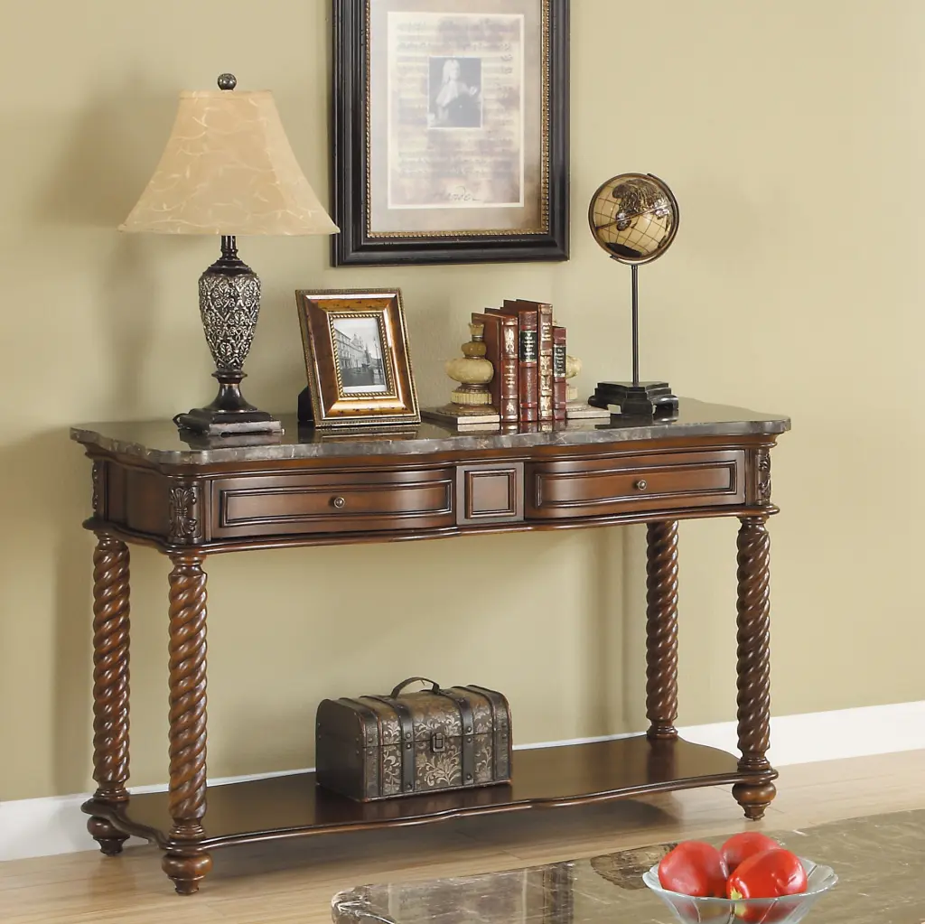 Traditional Formal Stone Top Sofa Table 2 Drawers Lower Shelf Mahogany Finish kanepe