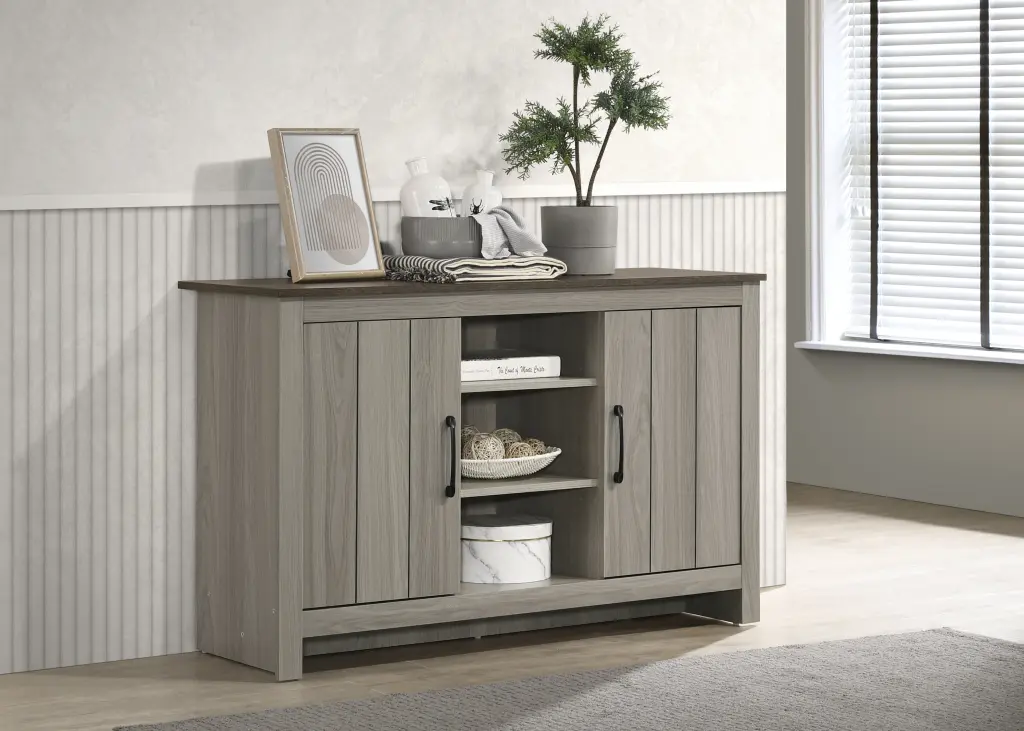 Nyla 47 Inch Gray Oak Console Table Buffet Table Sideboard Shelves lilola home