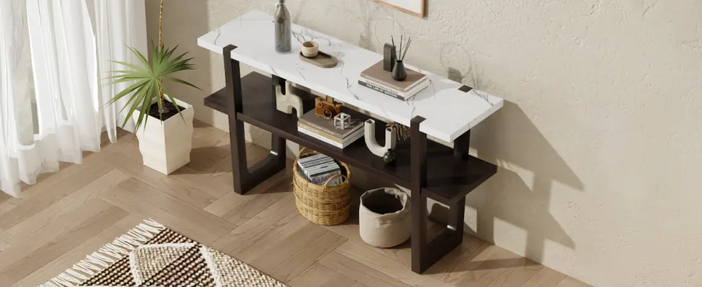 Retro Elegant Console Table Stone Effect Top And Multi Functional Storage rnb