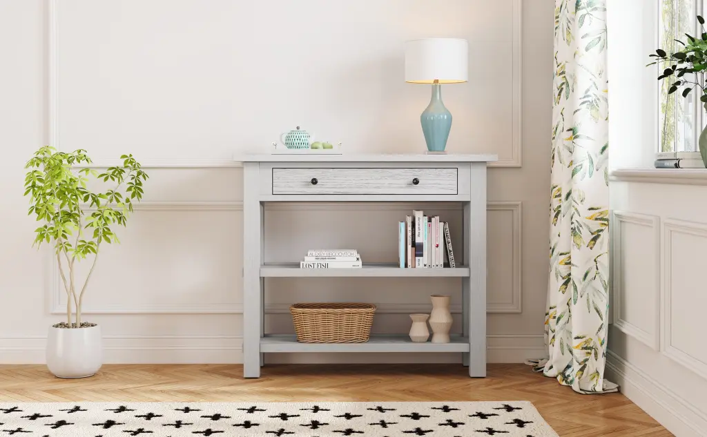 Retro Console Table Drawer and Two Shelves Entryway Storage trexm