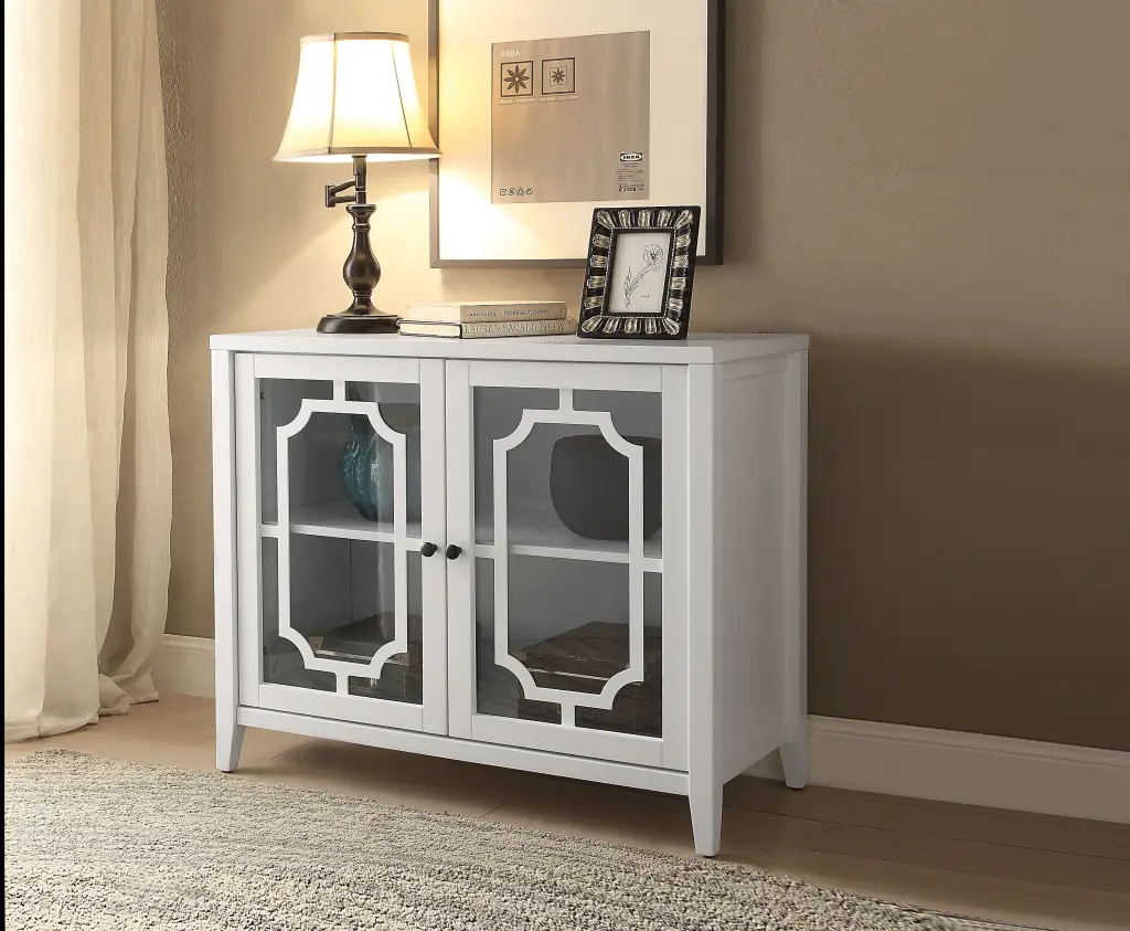 Ceara White Finish Console Cabinet Crystal Accents MDF Construction urban nest