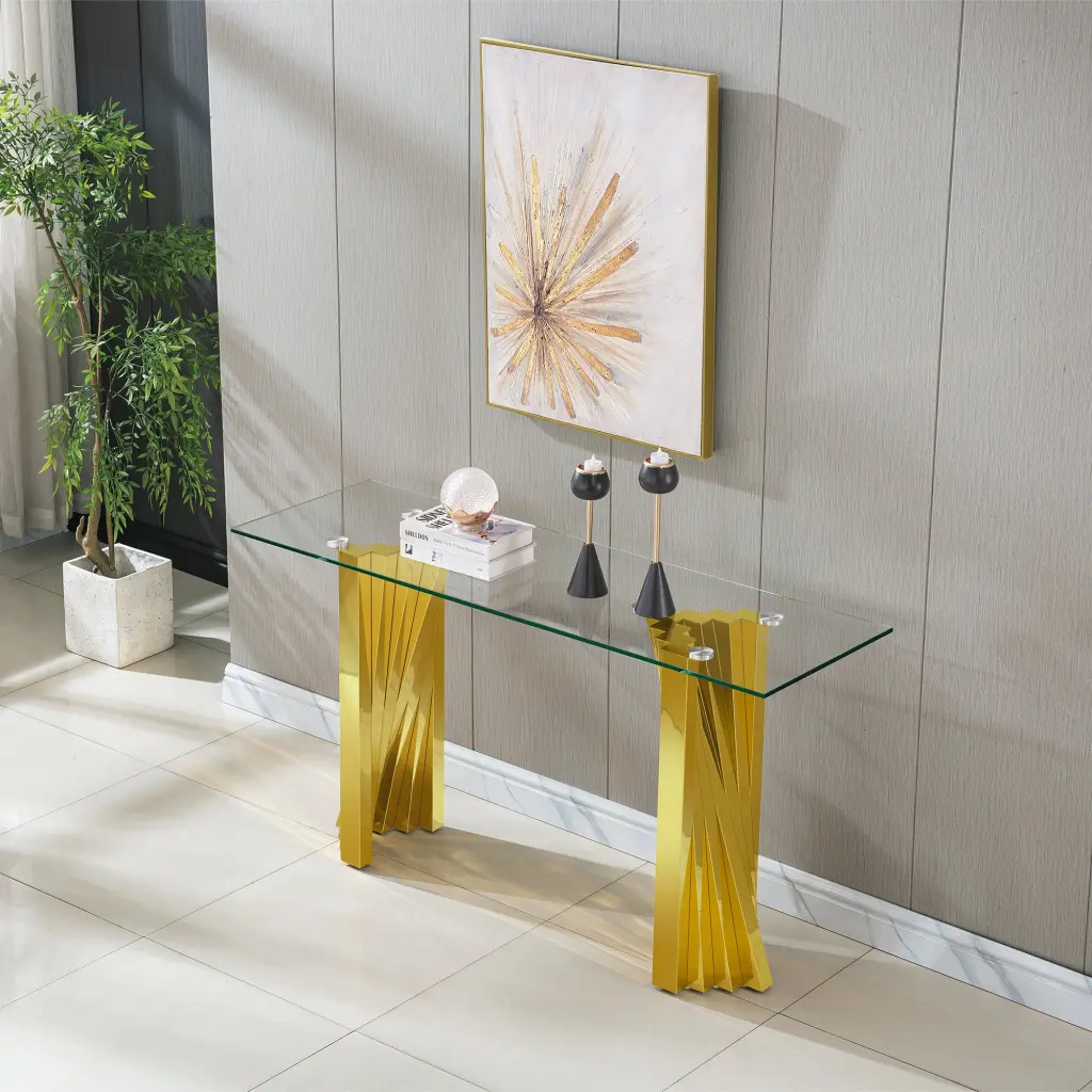 Tempered Crystal Top Console Table Precious Metal Mirror Finish w1311 artisan furniture