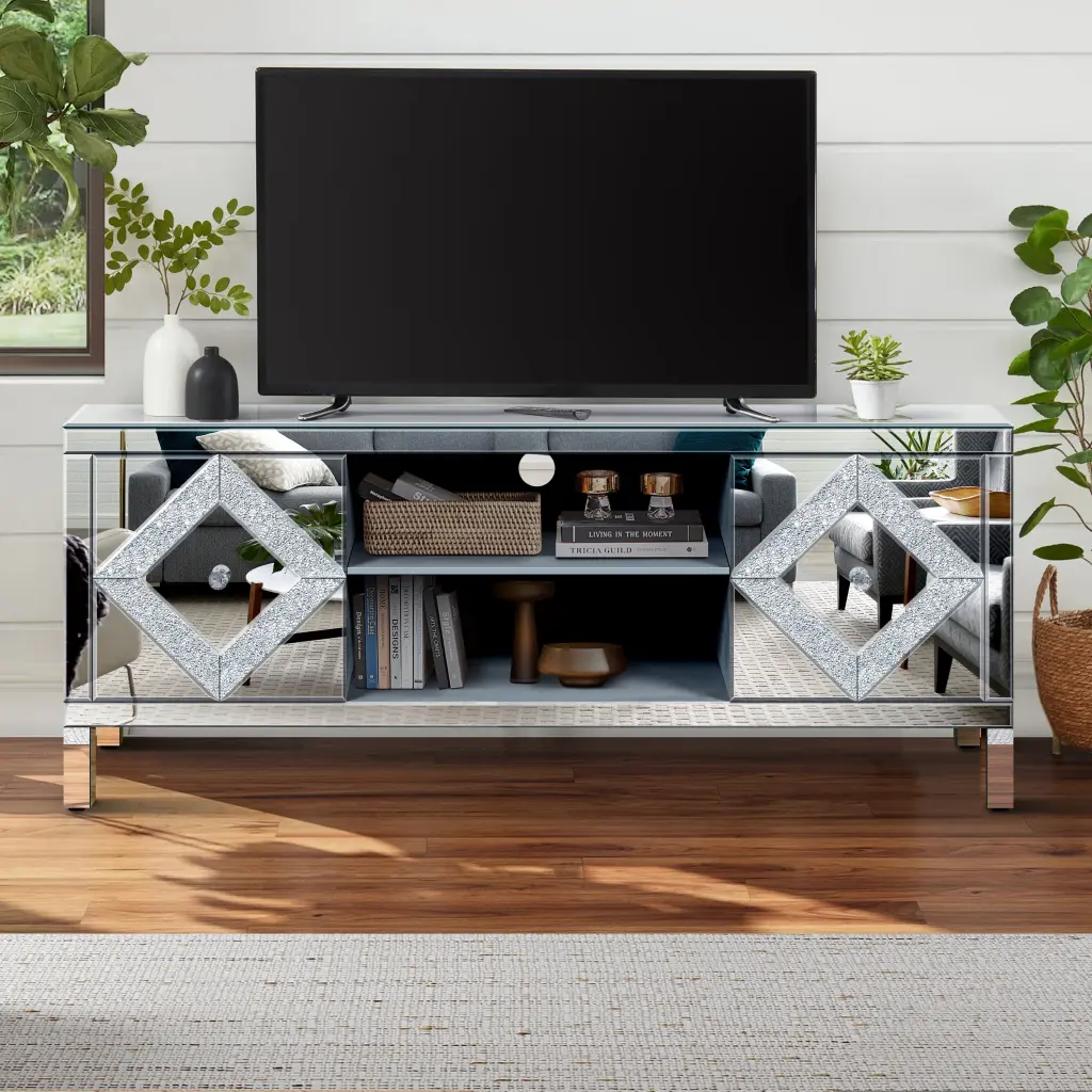 Mirrored TV Stand 65 Inch TV, Silver TV Console Table Open Storage zrun furniture