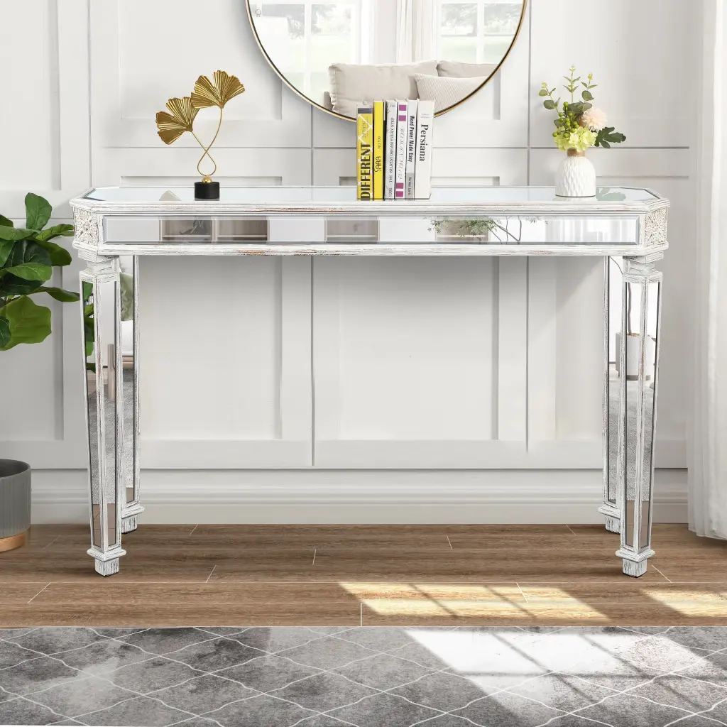Vintage Wood Grain Mirror Console Table Carving Process Entryway zrun furniture