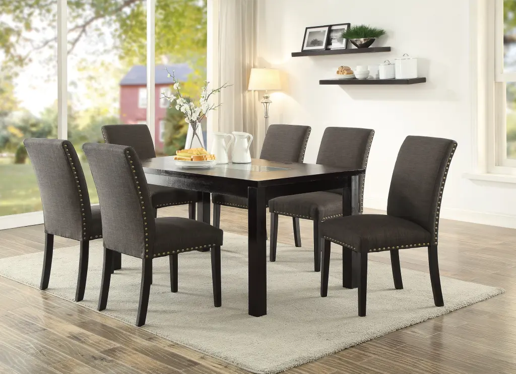 Contemporary Dining Table Ash Black Polyfiber Upholstery and 6 Side Chairs kanepe