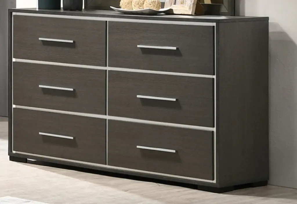 Contemporary 6 Drawer Dresser Chrome Accents Gray Rustic Finish Modern Bedroom Furniture kanepe