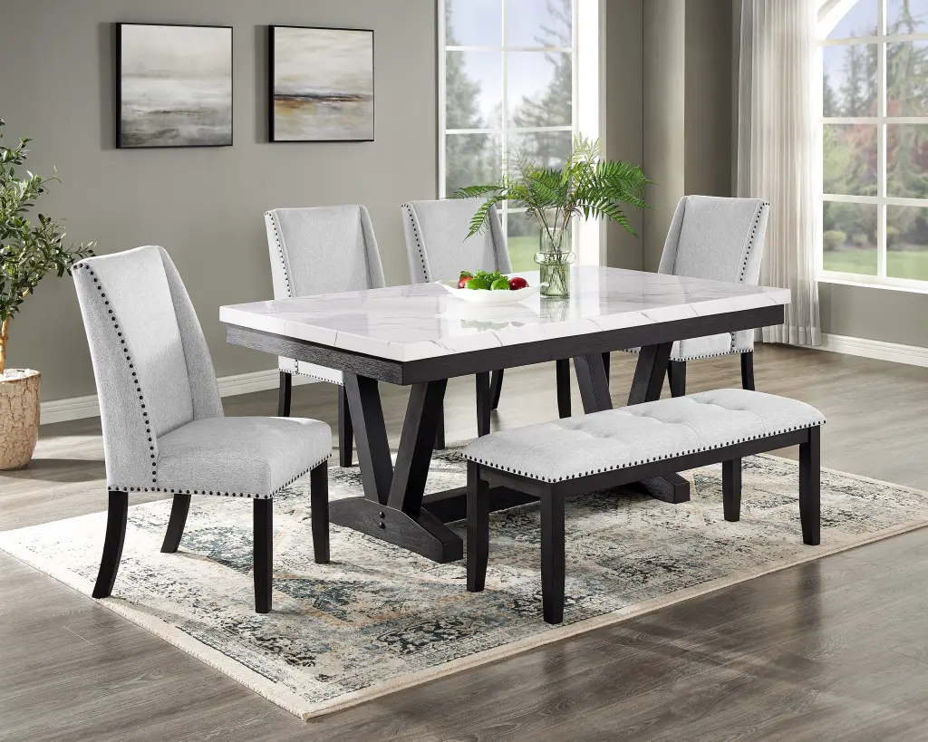 6 Piece Dining Set Contemporary Style White Faux Stone Rectangular Table kanepe