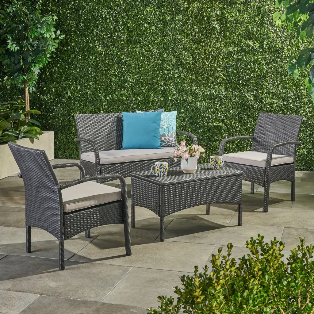 Cordoba KD Wicker 4 Pc Chat Set Grey PE Rattan Iron Water-Resistant Outdoor Furniture nh-kisa
