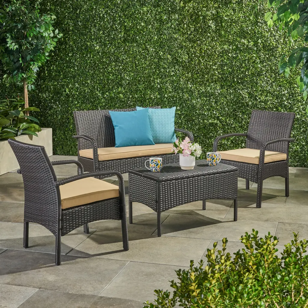 Cordoba KD Wicker 4 Piece Chat Set Brown Tan PE Rattan Iron Frame nh-kisa