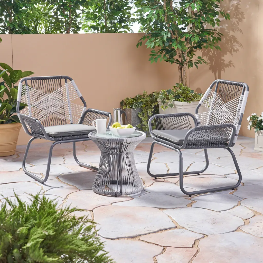 Milan 3 Piece Chat Set Gray PE Rattan Iron Water Resistant Outdoor Furniture nh-kisa