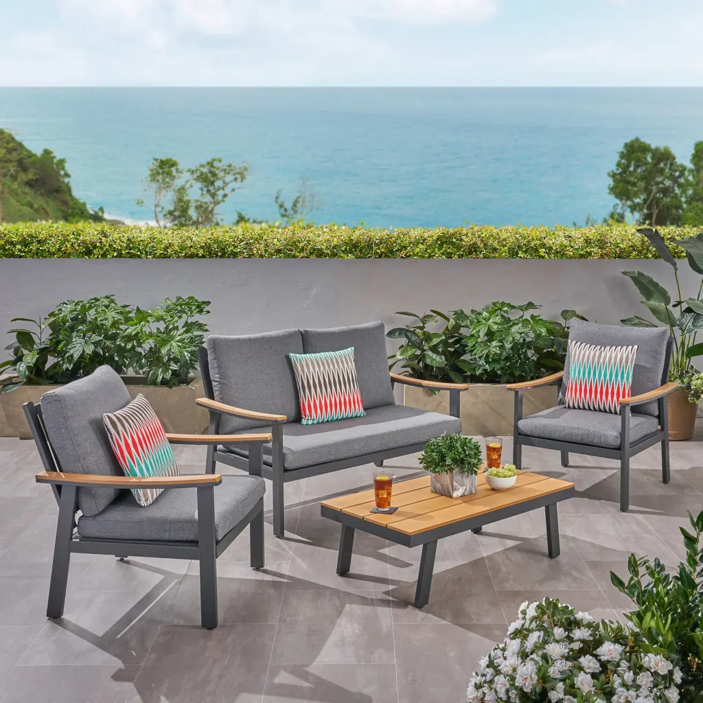 Sinclair 4 Piece Chat Set Grey Metal Mesh and Wood Material nh-purenest