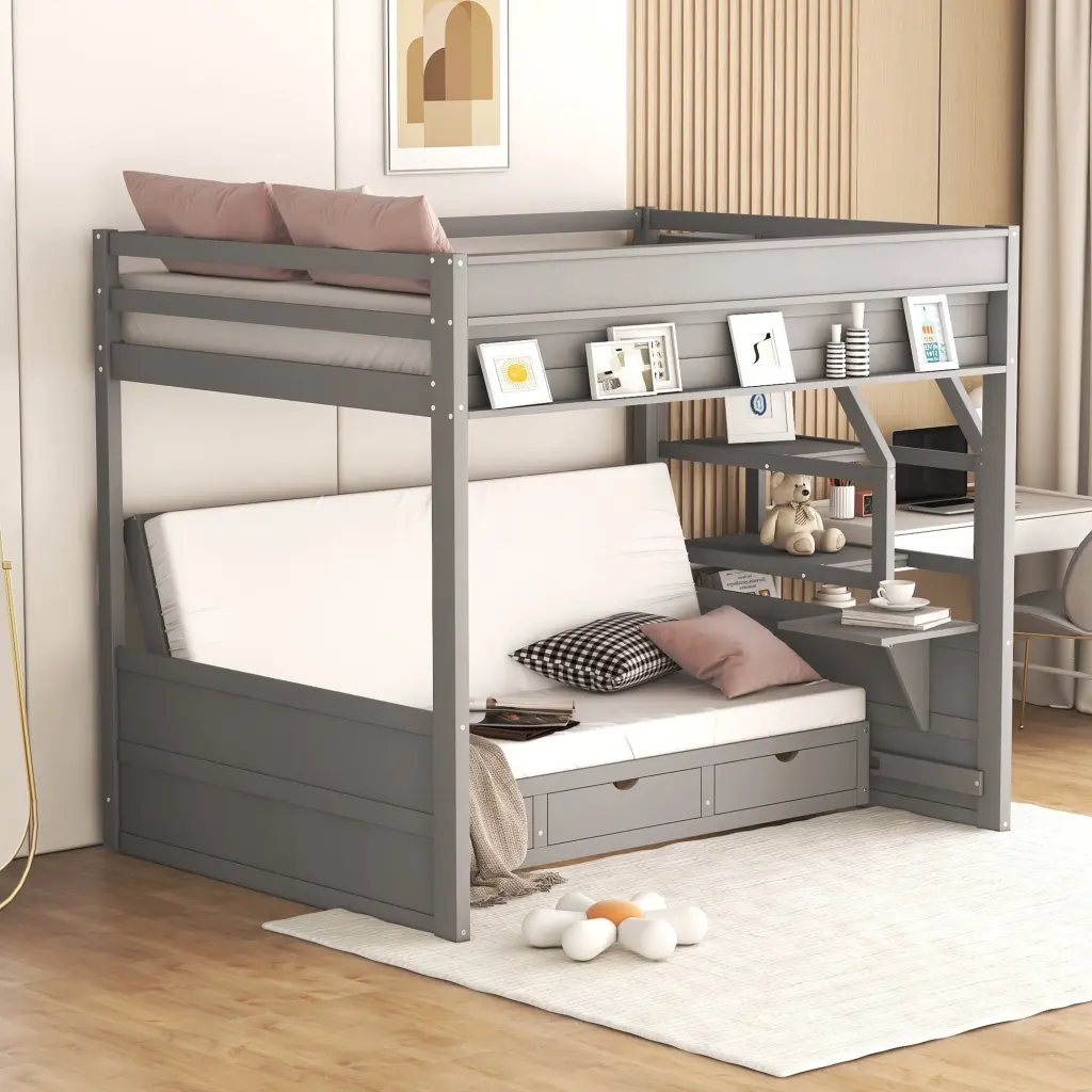Wood Full Convertible Bunk Bed Storage Staircase and Table wm store