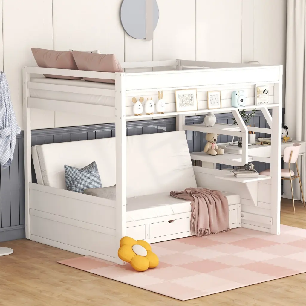 Wood Full Convertible Bunk Bed Storage Staircase Bedside Table wm store