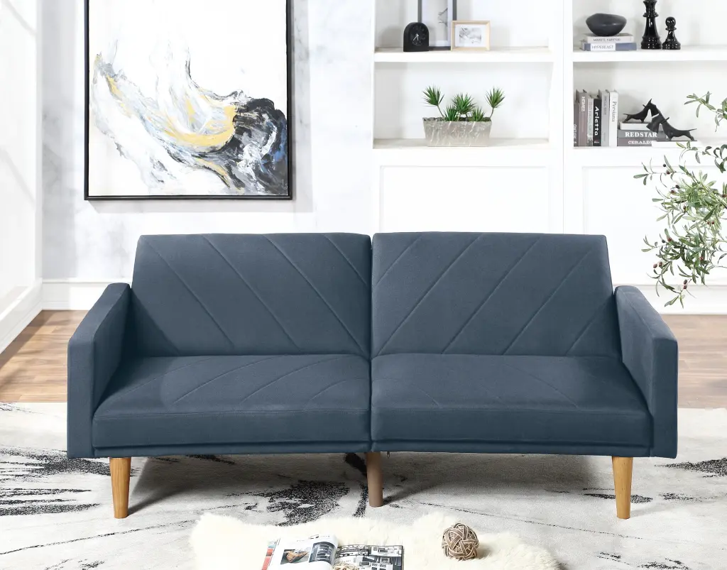 Modern Electric Look 1 Piece Convertible Sofa Couch Navy Hue Linen Fabric kanepe