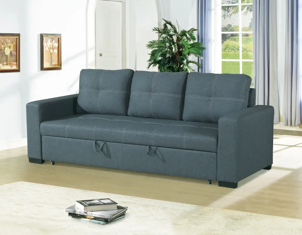 Convertible Sofa Black Faux Hide Blue Grey Material Living Room poundex