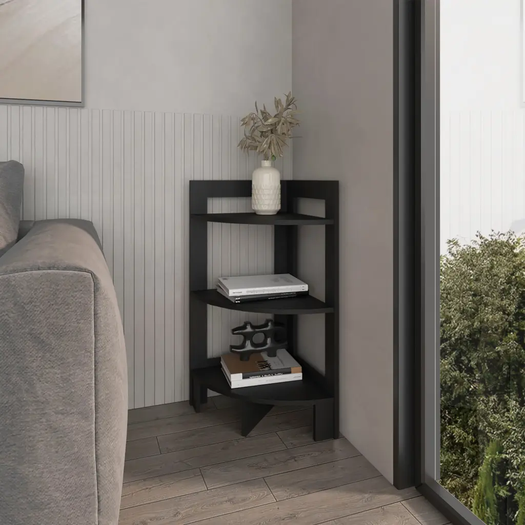 Black Gisela Corner Shelf Three Shelves Living Room Storage fm furniture