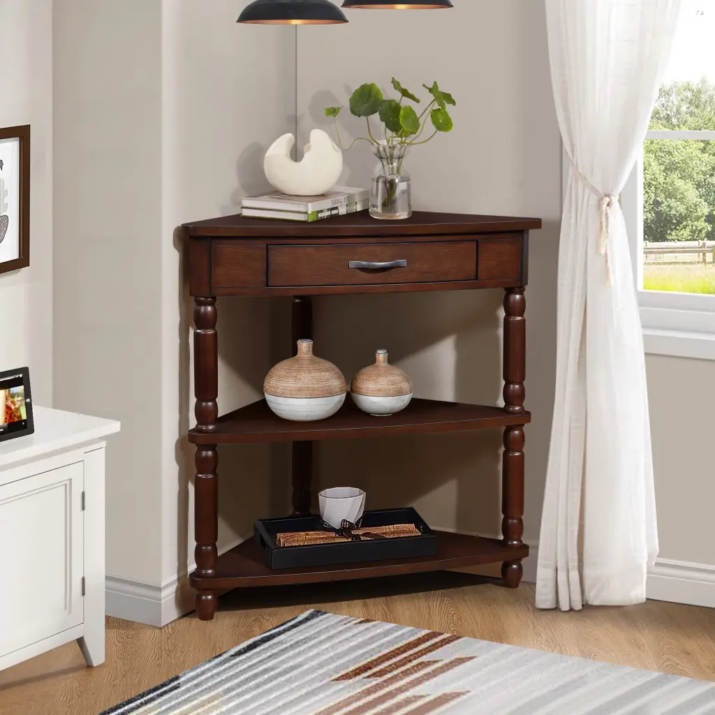 33.8 Inch Small Triangle Corner Table, Timber Side Table Compact Spaces power growth furniture