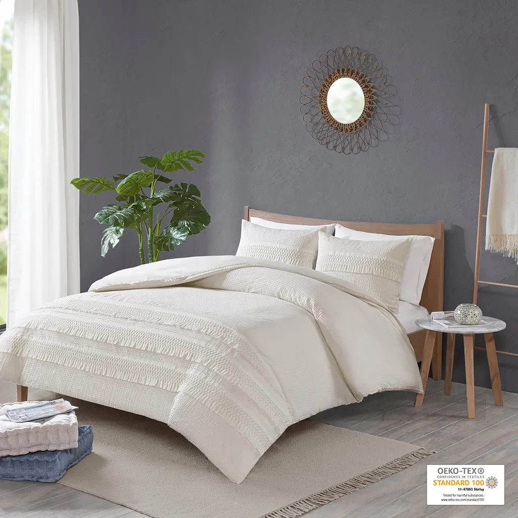 3 Piece Cotton Seersucker Comforter Set Ivory Cotton Bedding jla