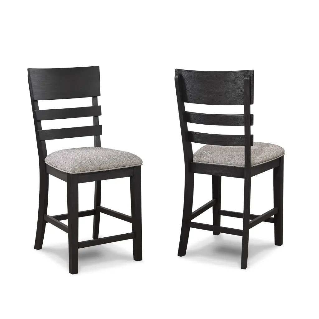 2Pc Black Gray Counter Height Chair Set Upholstered Seat and Ladder Back Wooden Design kanepe
