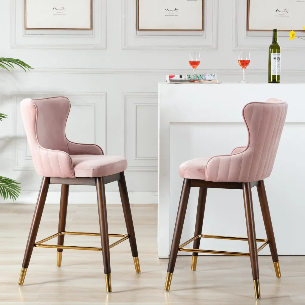 Leland Material Upholstered Counter Height Wingback Stools Set 2 Pink Bar Stools Kitchen hz