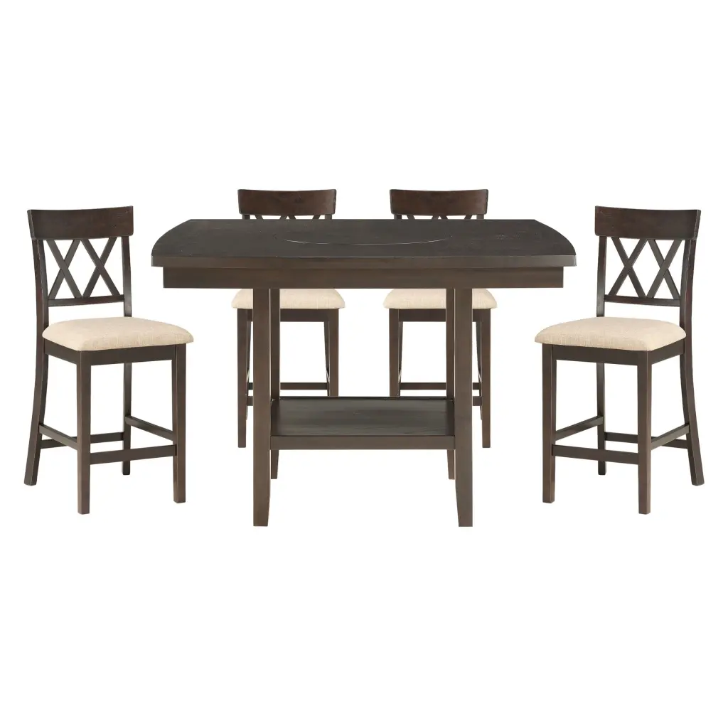 Dark Brown Finish Counter Height Table Lazy Susan Lower Presentation Shelf kanepe
