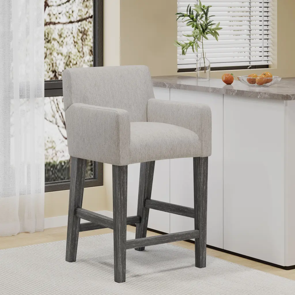 Upholstered 26 Inch Counter Stool Light Gray Fabric Kitchen and Bar nh-onfind