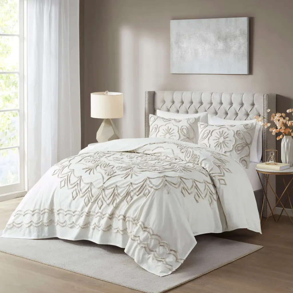 3 Piece Tufted Cotton Chenille Coverlet Set Ivory Taupe Full Queen jla