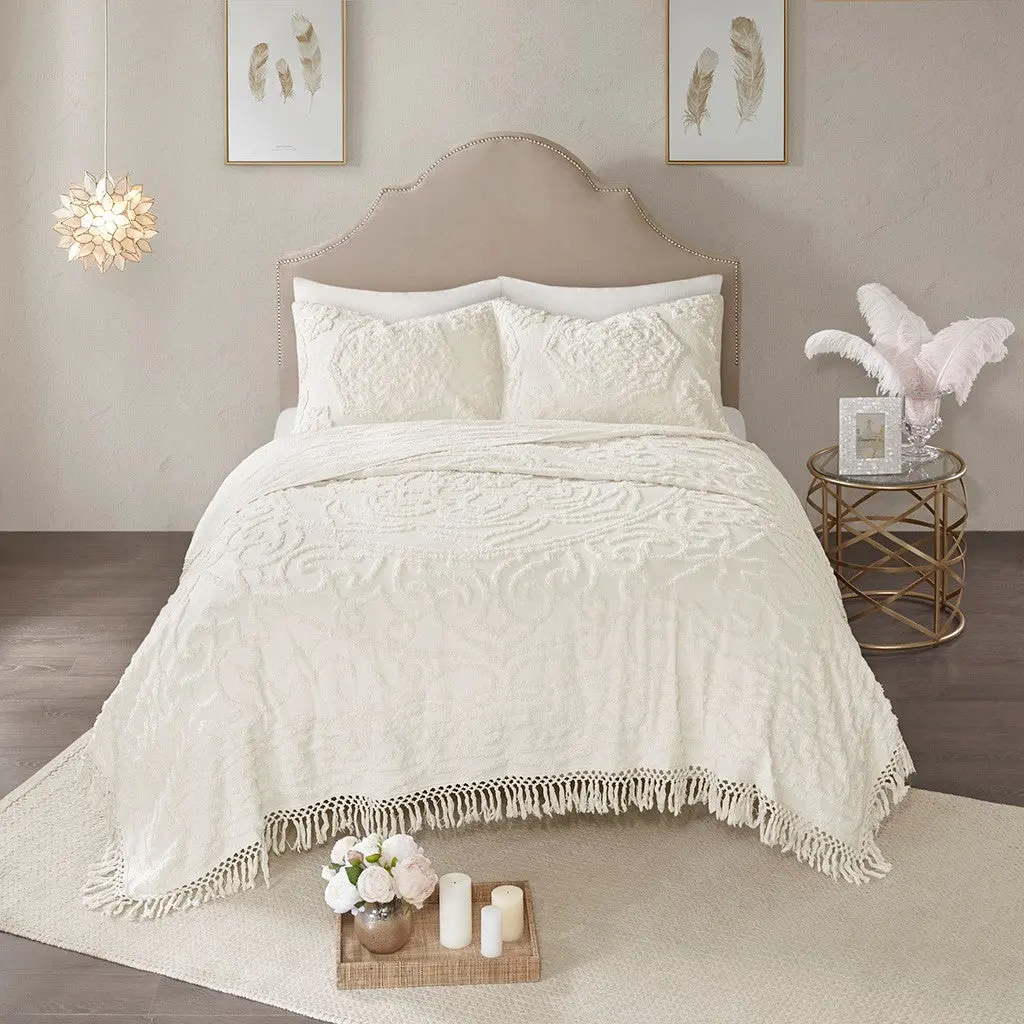 Tufted Cotton Chenille Medallion Fringe Coverlet Mini Set Off White Twin Size jla