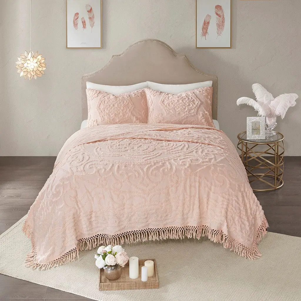 Tufted Cotton Chenille Medallion Fringe Coverlet Mini Set Blush Full Queen Size jla