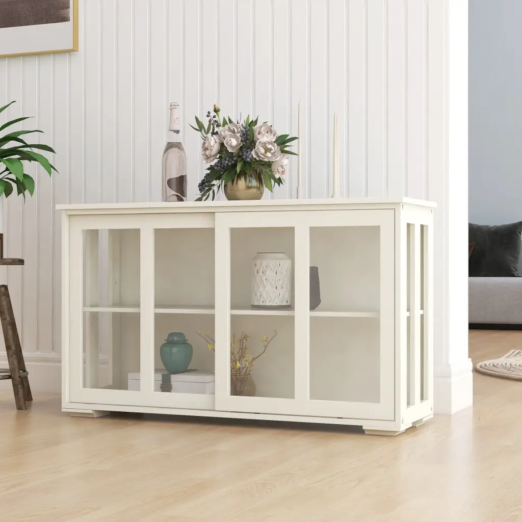 White MDF Kitchen Storage Stand Cupboard Crystal Doors cl worthy houseware co.-ltd.