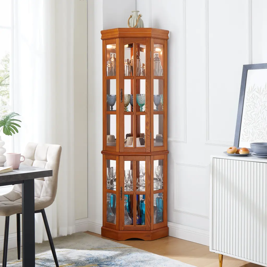 Corner Curio Cabinet 5 Shelves And Lighting System Oak Finish E26 Bulb Compatible harmony