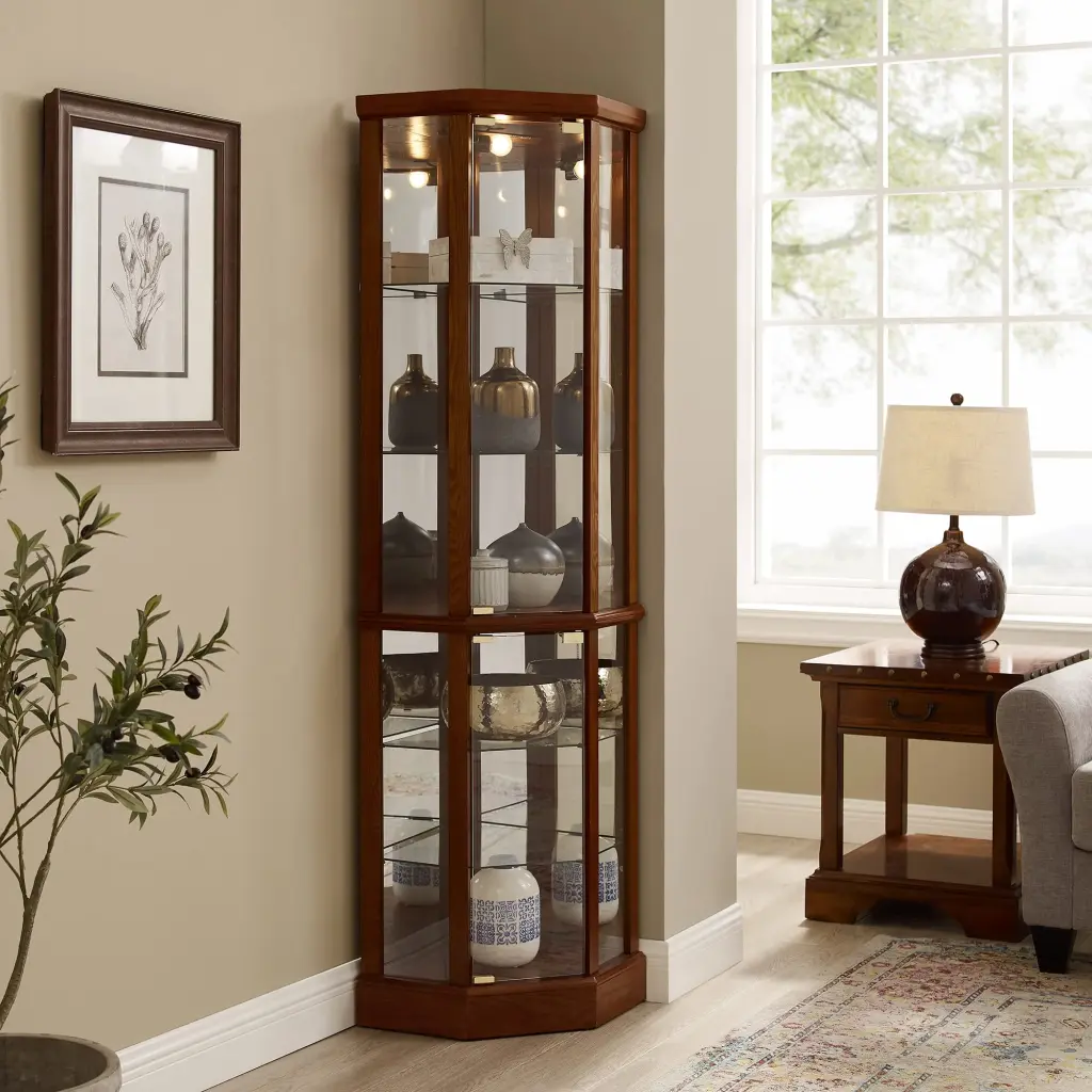 6 Shelf Lighted Corner Curio Cabinet Tempered Glass Display harmony