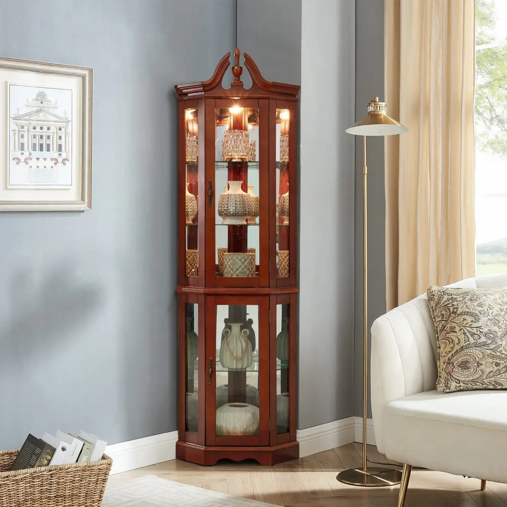 Walnut Corner Curio Cabinet Lights Customizable Tempered Glass Shelves harmony
