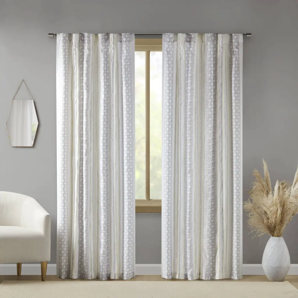 2 Pack Poly Printed Curtain Panel Tufted Stripe White Taupe 50 Inch jla